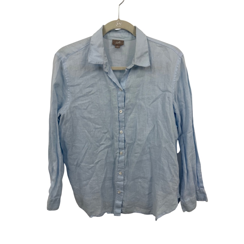 J. Jill Linen Button Down Shirt Womens Small Petite Light Blue Long Sleeve Top